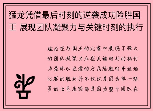 猛龙凭借最后时刻的逆袭成功险胜国王 展现团队凝聚力与关键时刻的执行力